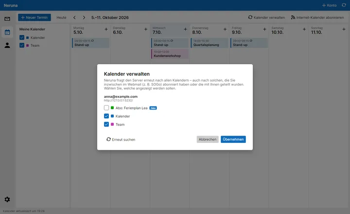 Manage calendars – new subscriptions are offered