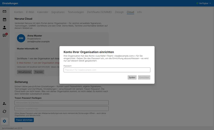 Konto der Organisation: Passwort einmal eingeben