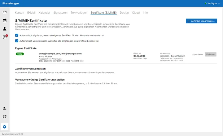 Zertifikat von der Organisation, mit privatem Schlüssel