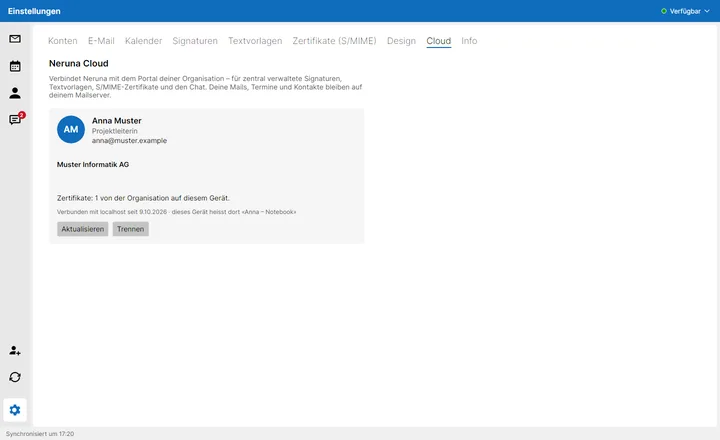 Verbindung zu Neruna Cloud mit Zertifikatsstatus