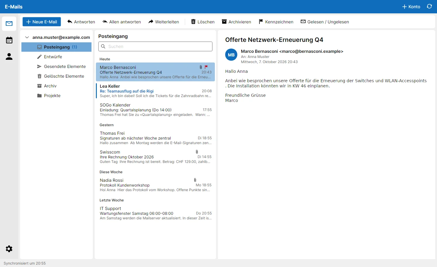 Inbox with folders, list and reading pane