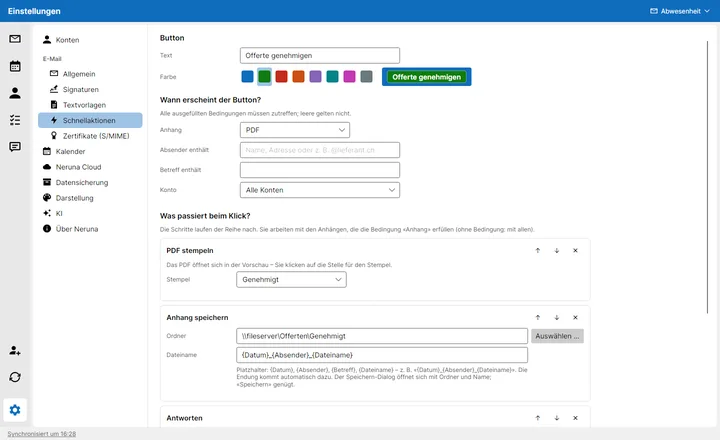 Setting up a quick action: button, conditions, steps