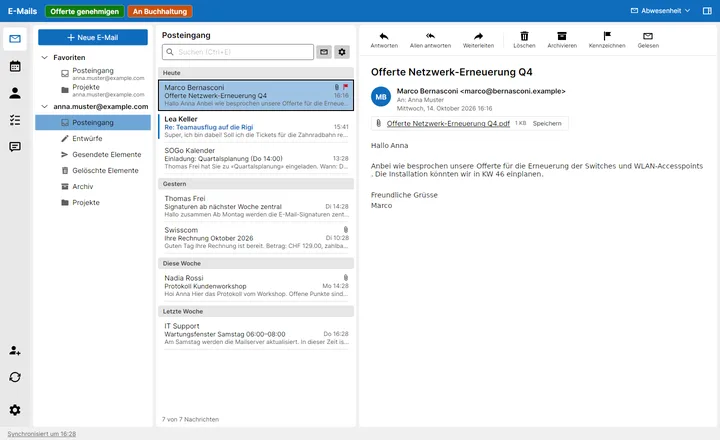 Quick actions as buttons in the bar at the top, matching the open email