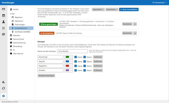 Quick actions and stamps in the settings, with export and import